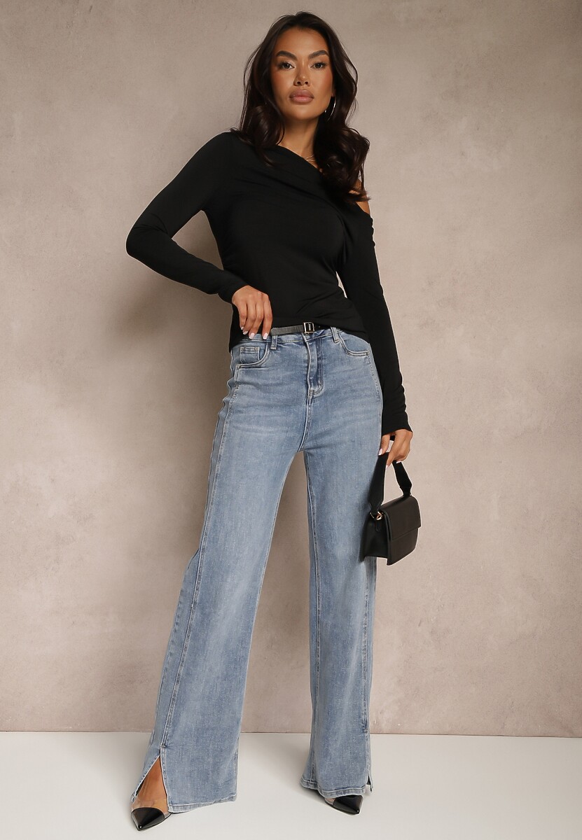 Czarna Asymetryczna Bluzka z Odkrytym Ramieniem Ninavena