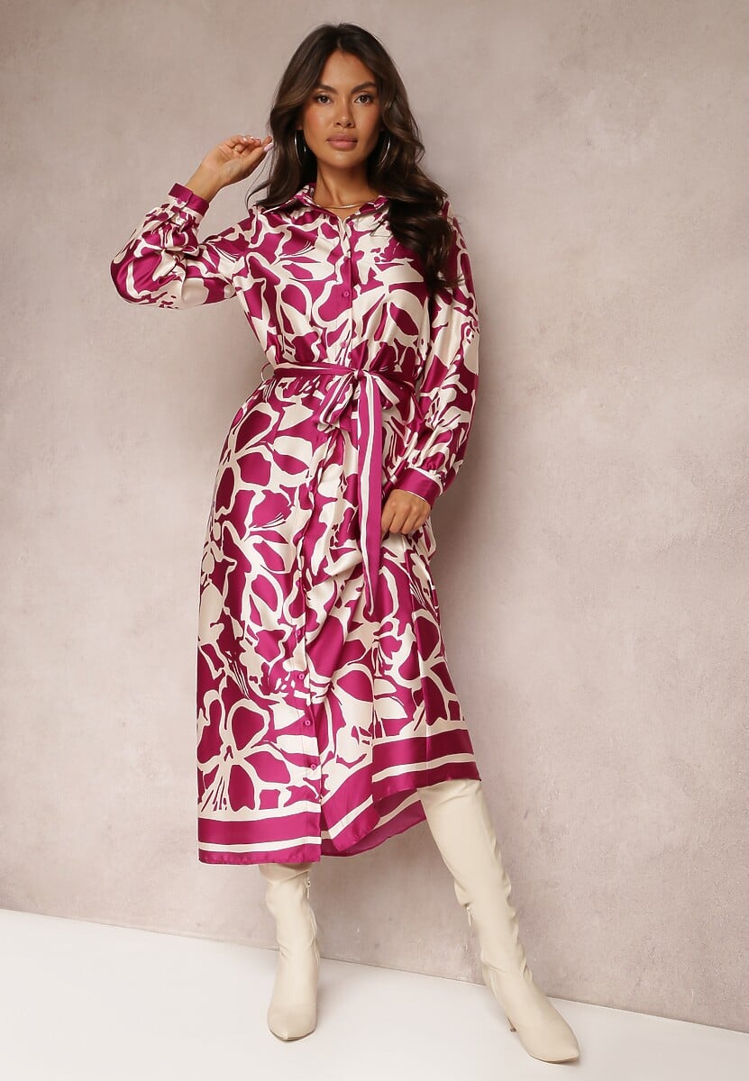 Fioletowa Satynowa Sukienka Koszulowa w Kwiaty z Paskiem Zatwala