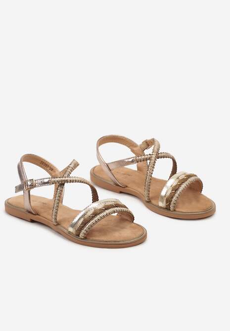Ciemnobeżowe Płaskie Sandały z Ekoskóry z Ozdobną Plecionką Zapinane na Sprzączkę Laliara