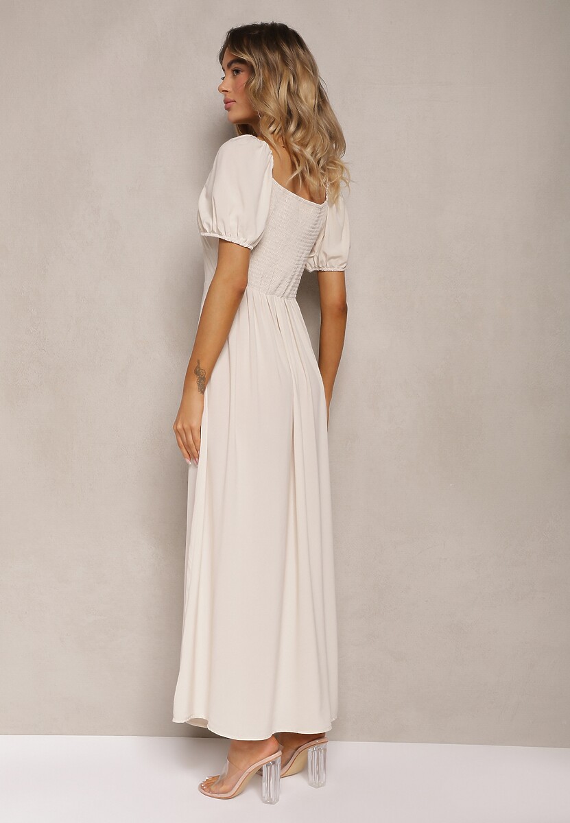 Beżowa Sukienka Wieczorowa z Hiszpańskim Dekoltem i Rozcięciem Vikiya