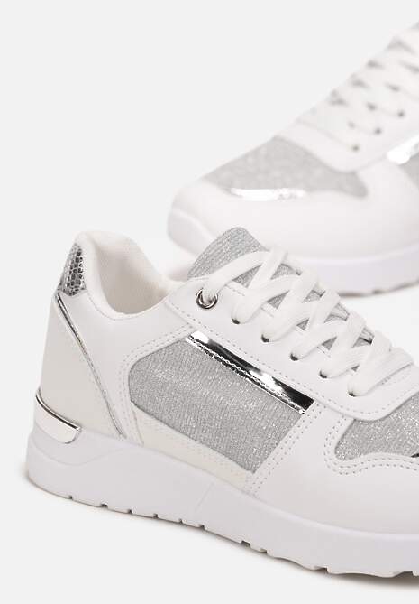 Białe Płaskie Sneakersy Sznurowane z Brokatowymi Wstawkami Raflia