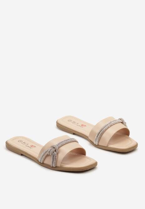 Beżowe Klapki na Płaskiej Podeszwie z Imitacji Skóry z Ozdobnymi Cyrkoniami Hanita