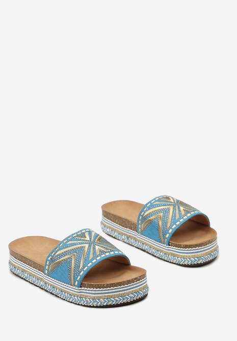 Niebieskie Klapki Boho Ozdobione Plecionką i Błyszczącym Przeszyciem Piwita