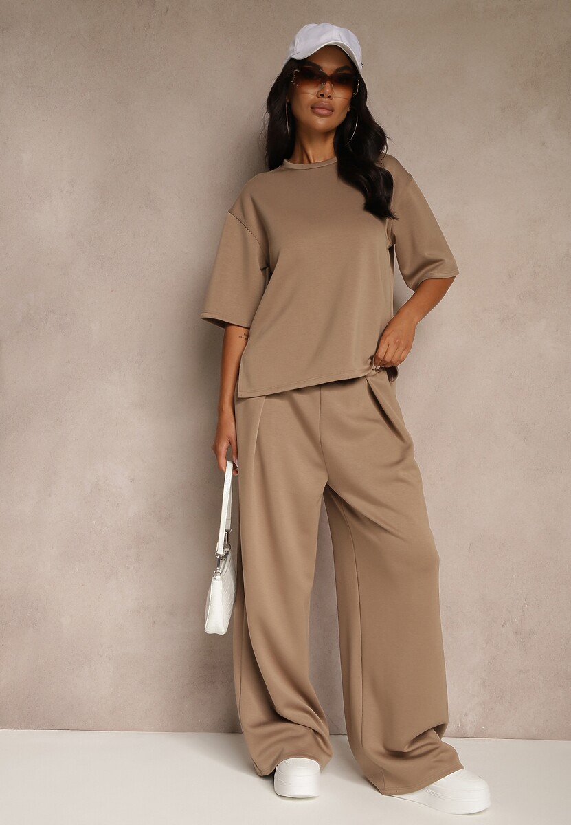 Beżowy Komplet z Wiskozą Spodnie z Szeroką Nogawką i T-shirt Nalioma