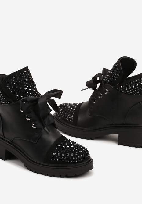 Czarne Botki ze Sznurowaną Cholewką i Cyrkoniowymi Zdobieniami Etintrella