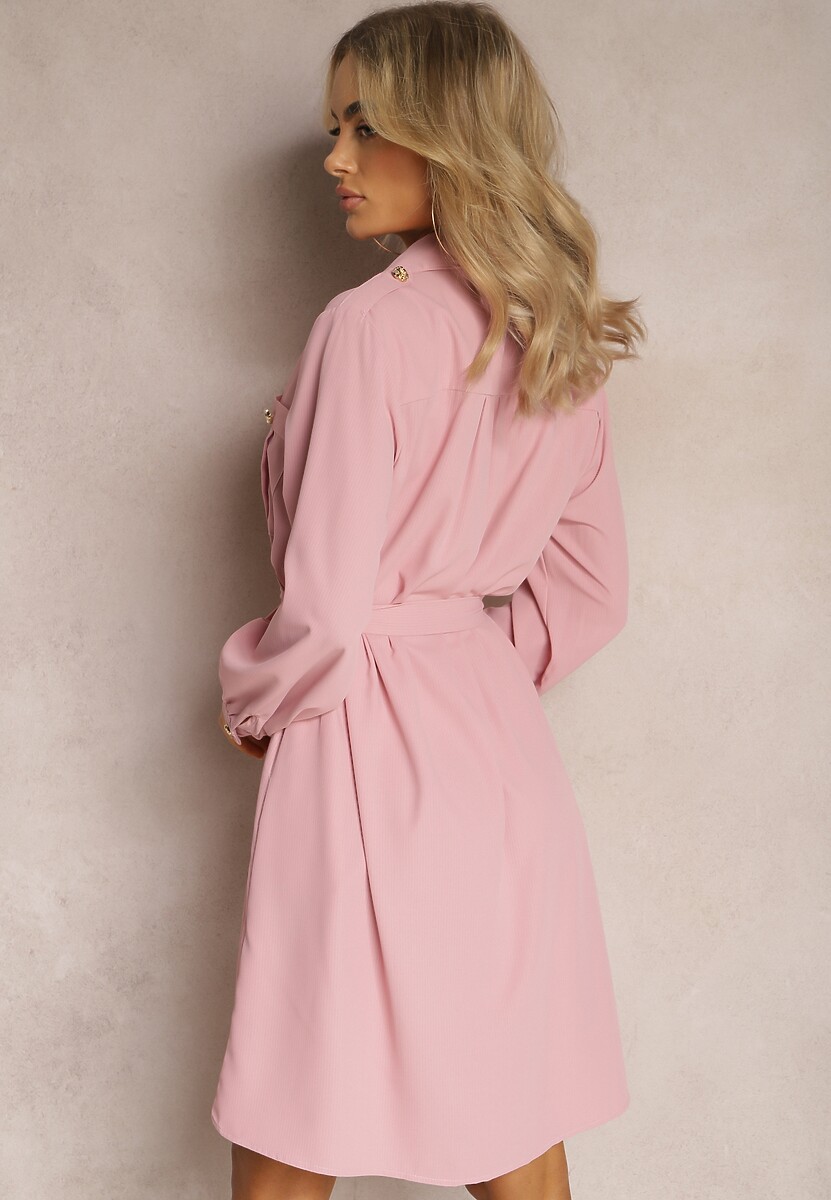 Różowa Koszulowa Sukienka Midi z Kołnierzykiem i Wiązanym Paskiem Vinalia