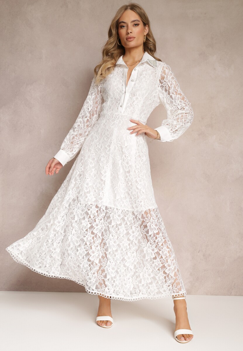 Fioletowa Koszulowa Sukienka Maxi z Ozdobnymi Guzikami i Cyrkoniami z Koronkowej Tkaniny Armina