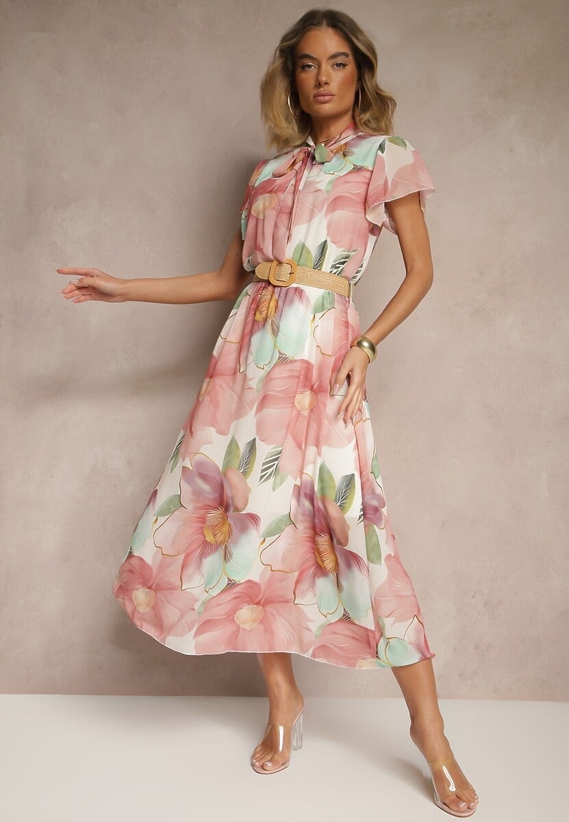 Różowa Rozkloszowana Sukienka Zdobiona Wiązaniem i Paskiem z Klamrą Sorisse