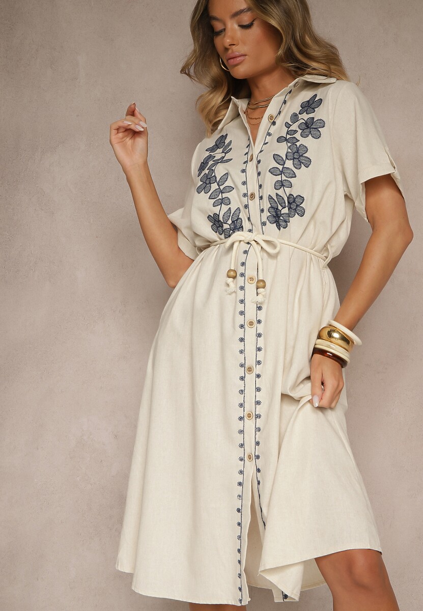 Beżowa Koszulowa Sukienka z Bawełny z Ozdobnym Haftem Saviressa
