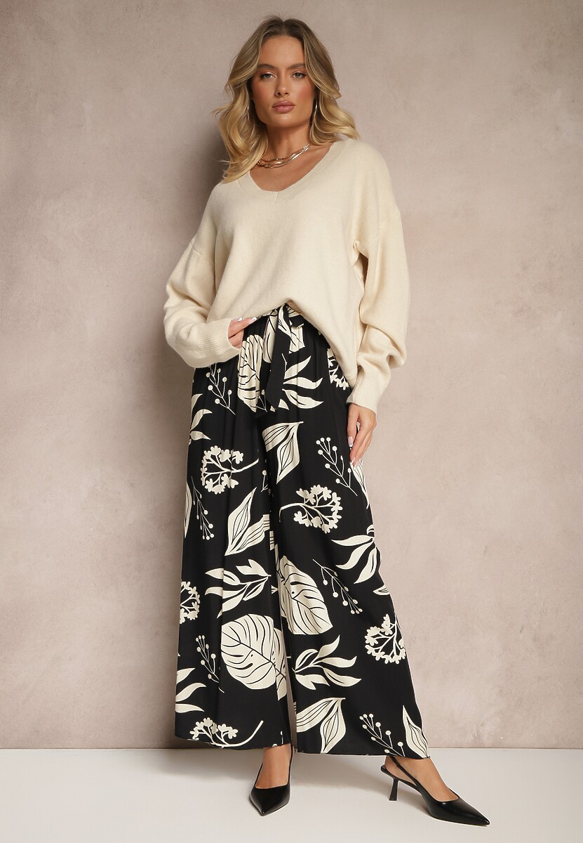 Czarne Szerokie Spodnie w Kwiatowy Wzór z Gumką w Talii i Paskiem Liledia