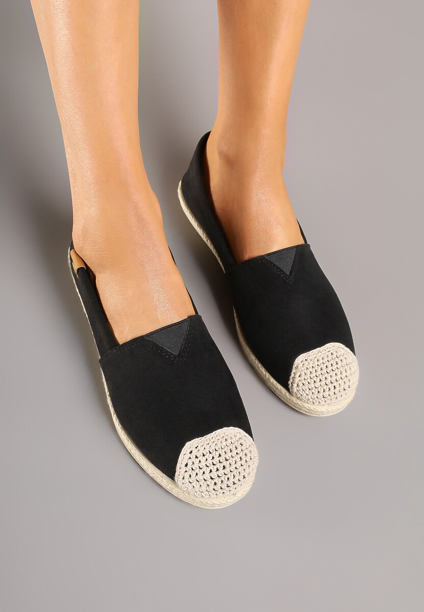 Czarne Espadryle z Elastyczną Wstawką Zdobione Plecionką Kinellis