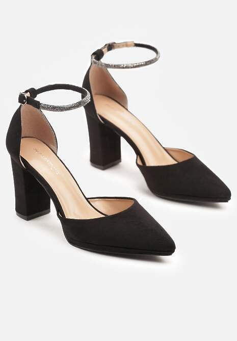 Czarne Klasyczne Czółenka z Ekozamszu na Słupku ze Szpiczastym Noskiem Nusilina