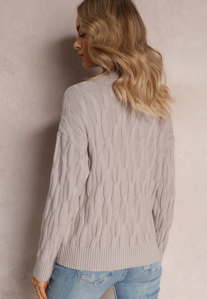 Szary Golf o Klasycznym Fasonie z Modnym Splotem i Ściągaczami Franka