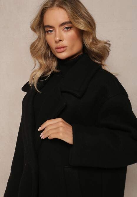 Czarny Dwurzędowy Płaszcz Oversize z Wełną Spolete
