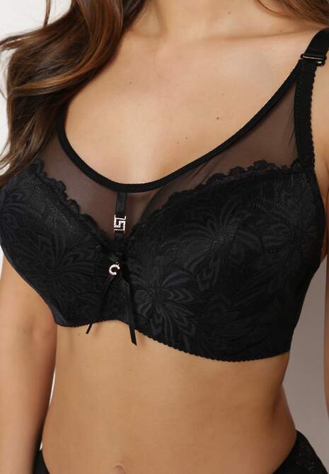 Czarny Koronkowy Biustonosz Full Cup Ozdobiony Cyrkoniami Helleboria