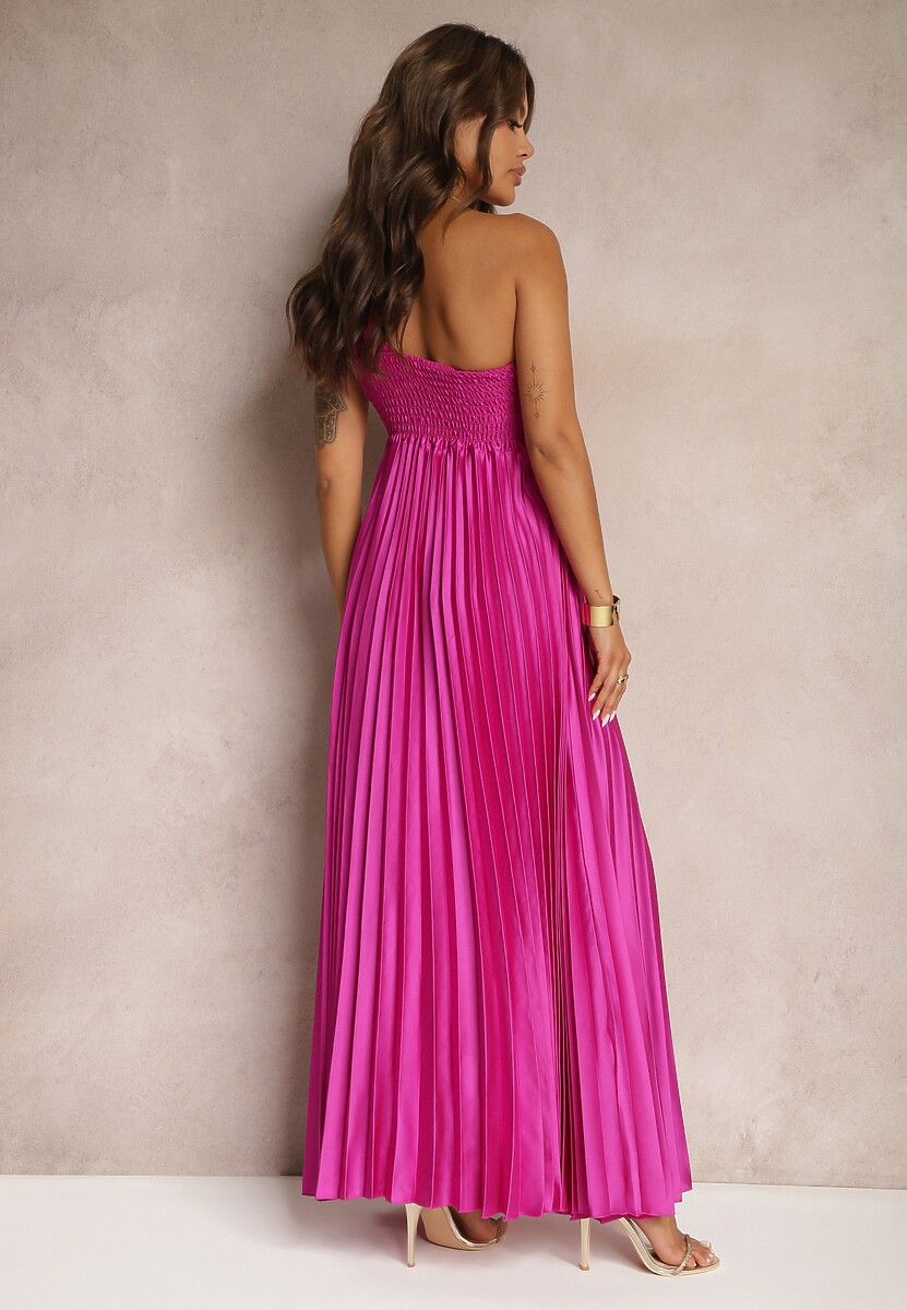 Fioletowa Asymetryczna Sukienka Plisowana na Jedno Ramię z Gumką w Talii Elashay