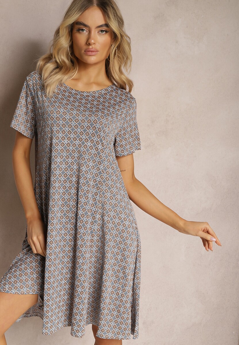 Zielono-Beżowa Sukienka Mini z Wiskozy z Rozkloszowanym Dołem Lontassa