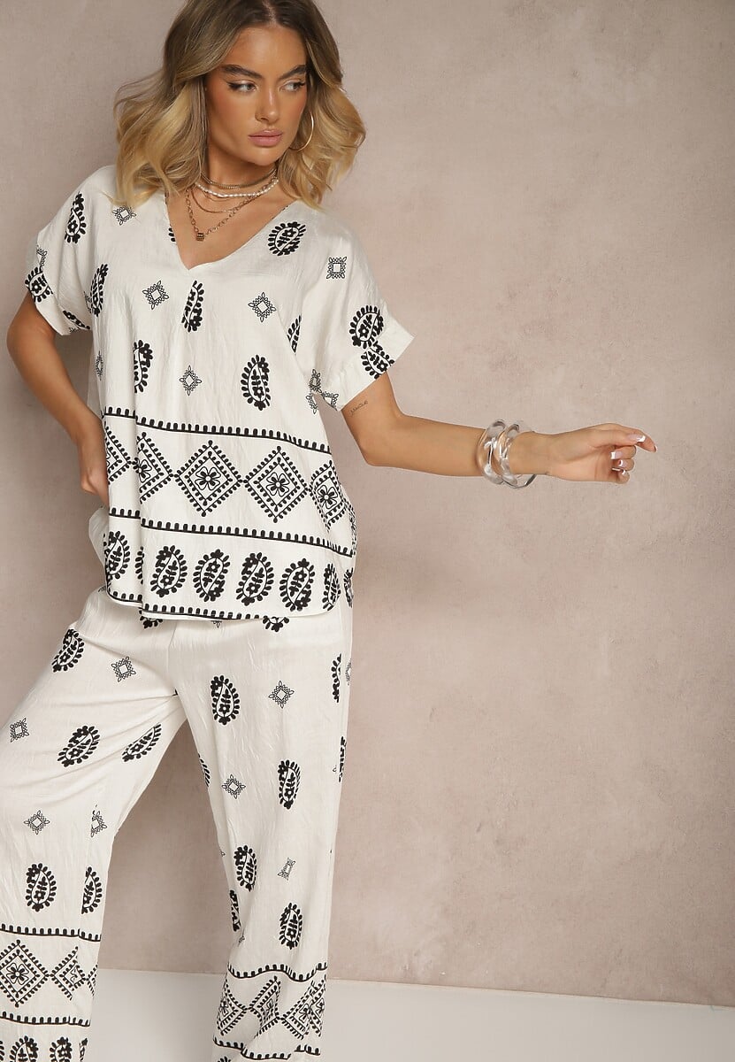 Czarny Komplet z Bawełny Spodnie o Szerokim Kroju i Koszula ze Wzorem Paisley Pavenn