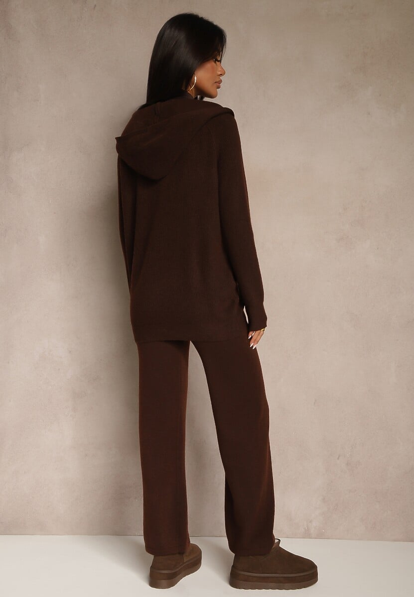 Brązowy Dzianinowy Komplet Dresowy z Wełną Bluza z Kapturem i Spodnie Essana