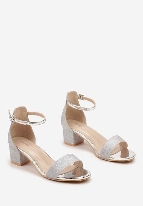 Srebrne Brokatowe Sandały na Słupku Zapinane Wokół Kostki Viatera
