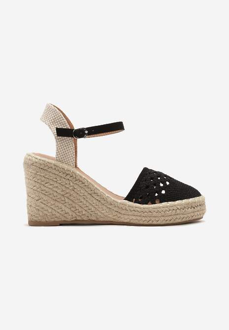 Czarne Sandały z Imitacji Skóry na Plecionym Koturnie Zapinane Wokół Kostki Obidia