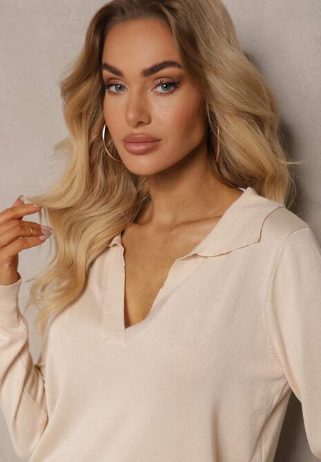 Beżowy Sweter z Wiskozą i Ozdobnym Kołnierzykiem Ceaola