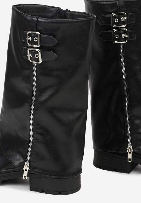 Czarne Botki z Wywiniętą Cholewką Zdobioną Suwakiem i Sprzączkami Eevea