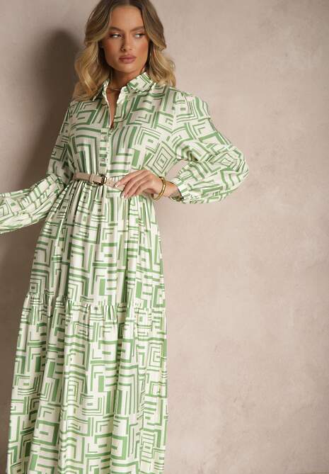 Zielona Rozkloszowana Sukienka z Wiskozą w Geometryczny Print Apirestia