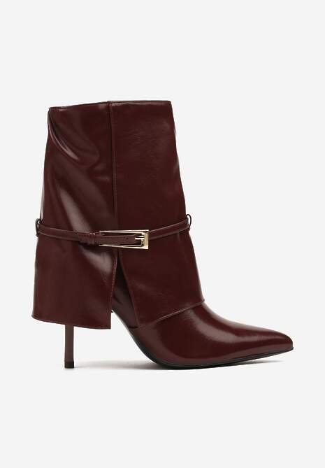 Bordowe Botki na Szpilce Ozdobione Paskiem i Wywiniętą Cholewką Latasea