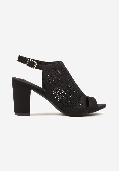 Czarne Sandały Vices na Słupku z Ażurową Cholewką i Skórzaną Wkładką Saramiae