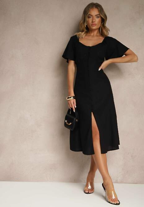 Czarna Bawełniana Sukienka z Wiązaniem i Guzikami Kolarissa