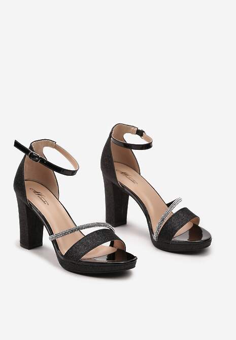 Czarne Sandały na Obcasie Ozdobione Brokatowym Połyskiem i Cyrkoniami Sevana
