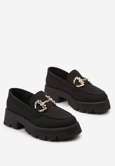 Czarne Mokasyny z Grubą Podeszwą w Kolorze Cholewki z Klamrą Rosarose