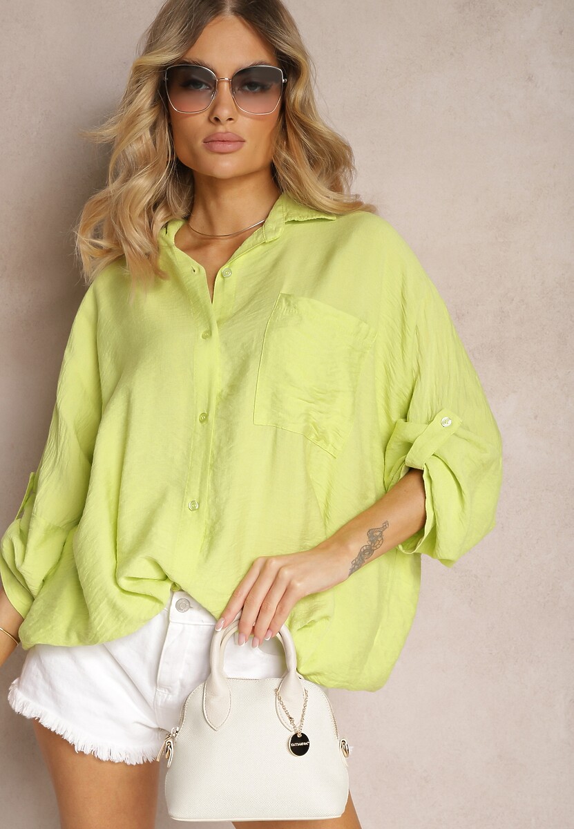 Jasnozielona Wiskozowa Koszula z Guzikami i Rękawem Długości 3/4 Herale