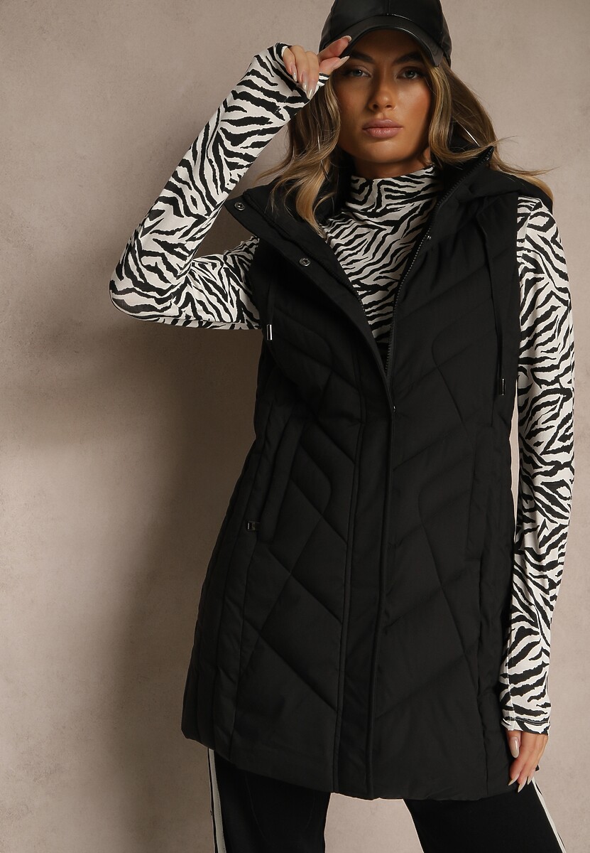 Ciemnobeżowa Pikowana Kamizelka o Taliowanym Kroju z Kapturem Tulonea