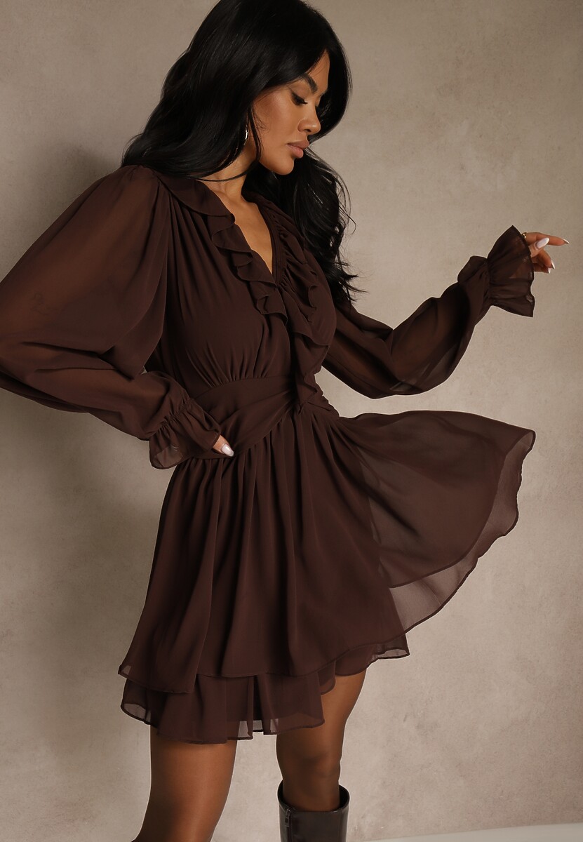 Ciemnobrązowa Siateczkowa Sukienka o Rozkloszowanym Fasonie z Falbankami Zenniria