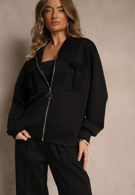 Czarny Komplet Dresowy z Bawełny Zasuwana Bluza i Spodnie Teviora