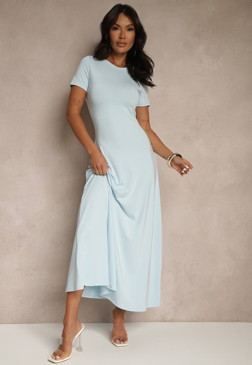 Jasnoniebieska Taliowana Sukienka z Krótkim Rękawem Liranisea