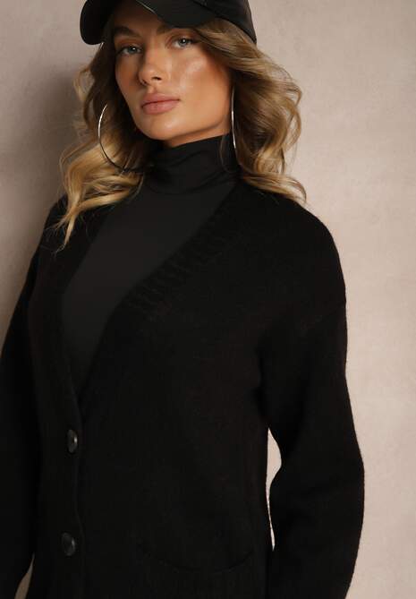 Czarny Casualowy Kardigan na Guziki z Wełną i Bawełną o Długim Kroju Vamini