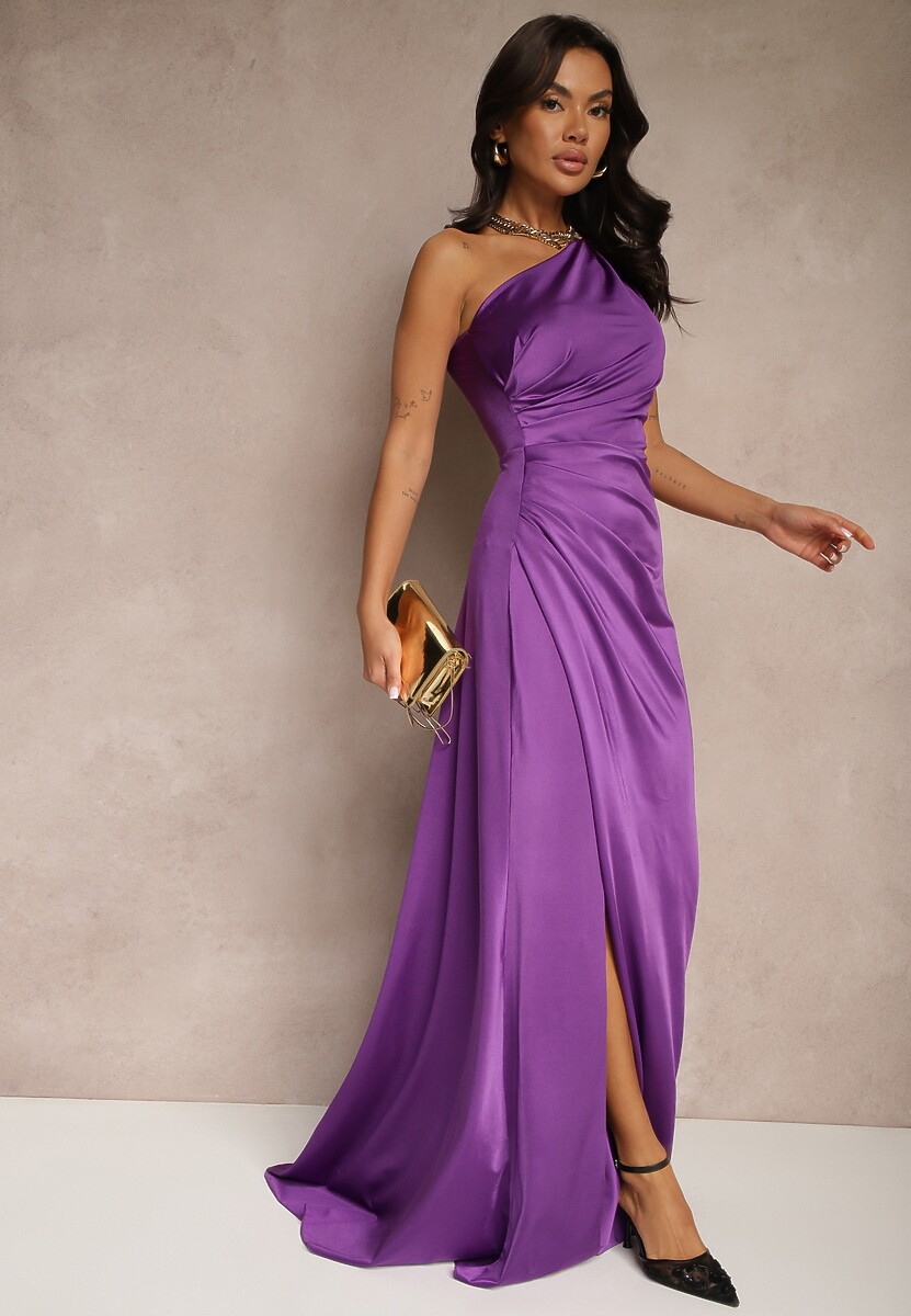 Fioletowa Marszczona Sukienka o Asymetrycznym Kroju z Rozcięciem Taliona