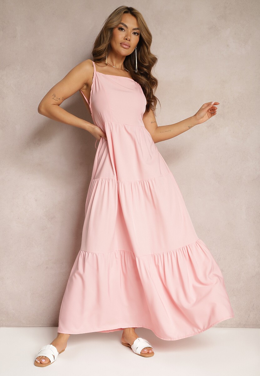 Różowa Sukienka o Rozkloszowanym Fasonie Wiązana i Wykończona Gumką z Tyłu Hililena