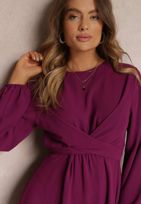 Fioletowa Sukienka Rozkloszowana z Gumką w Pasie Thelo