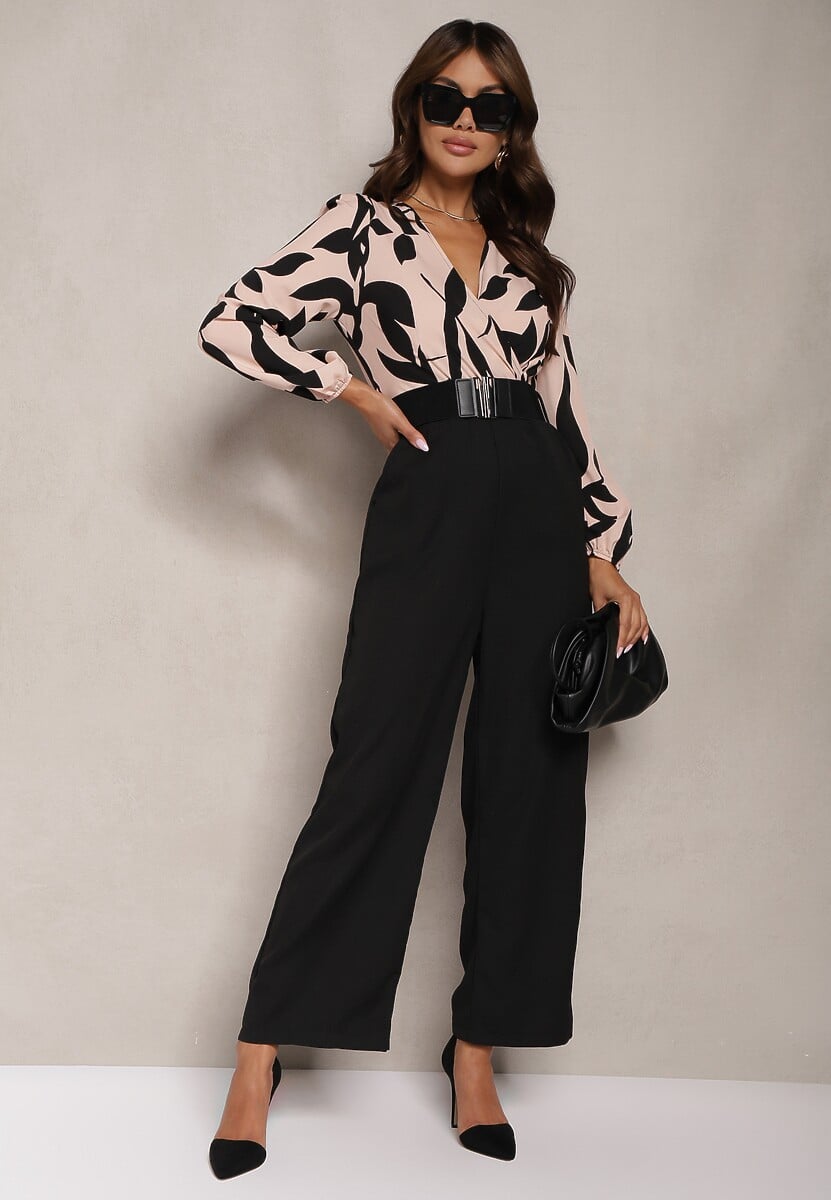 Czarno-Różowy Długi Kombinezon z Kontrastową Górą i Pasem w Talii Bintia