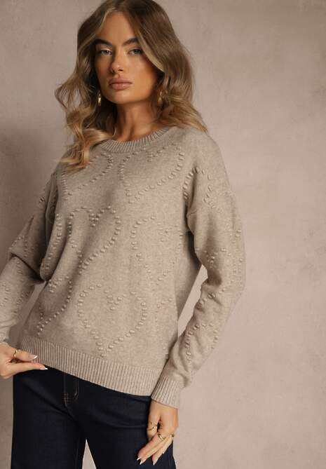 Beżowy Sweter z Tłoczonymi Sercami Unareia