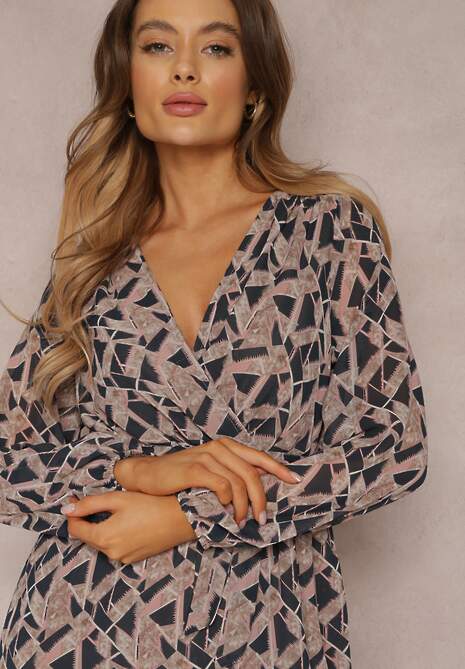 Czarno-Beżowa Sukienka Kopertowa z Gumką w Talii Jarne