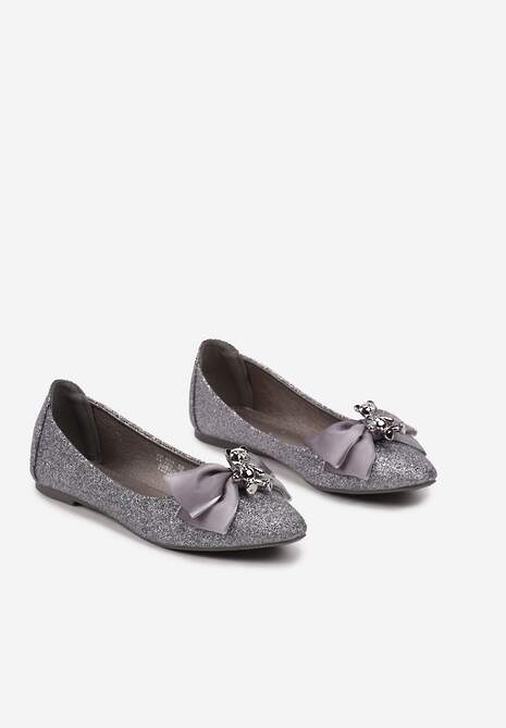 Ciemnoszare Brokatowe Balerinki na Płaskiej Podeszwie z Kokardą Lotisha