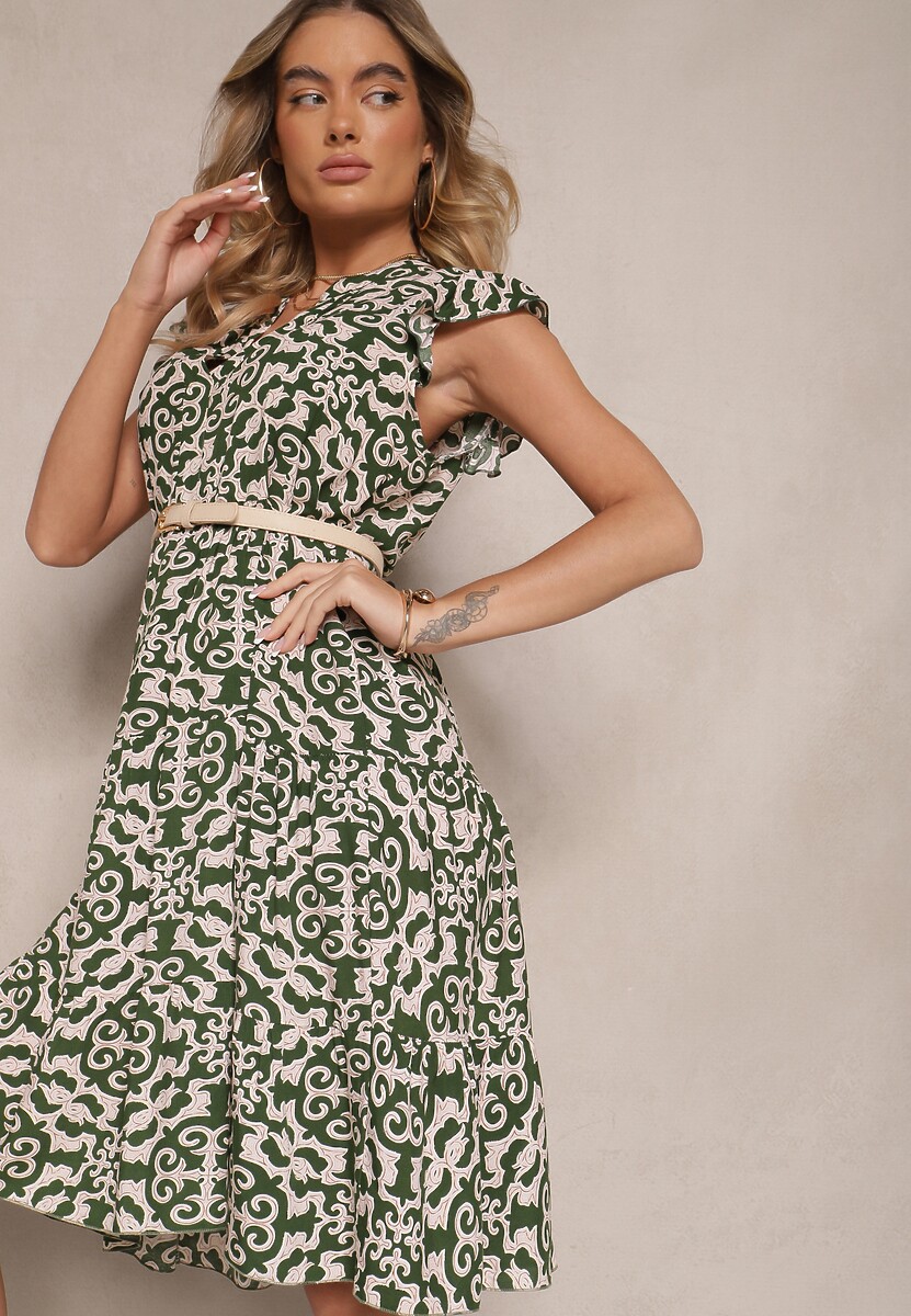 Zielona Rozkloszowana Sukienka z Bawełny w Ornamentalny Print Zalirita