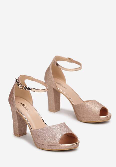 Szampańskie Sandały na Słupkowym Obcasie z Brokatem Sconis