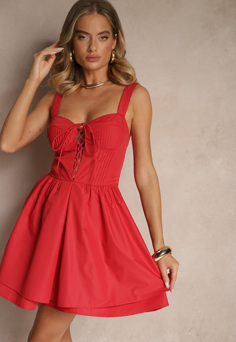 Czerwona Rustykalna Sukienka Vices z Bawełny Zdobiona Wiązaniem Fenirelle