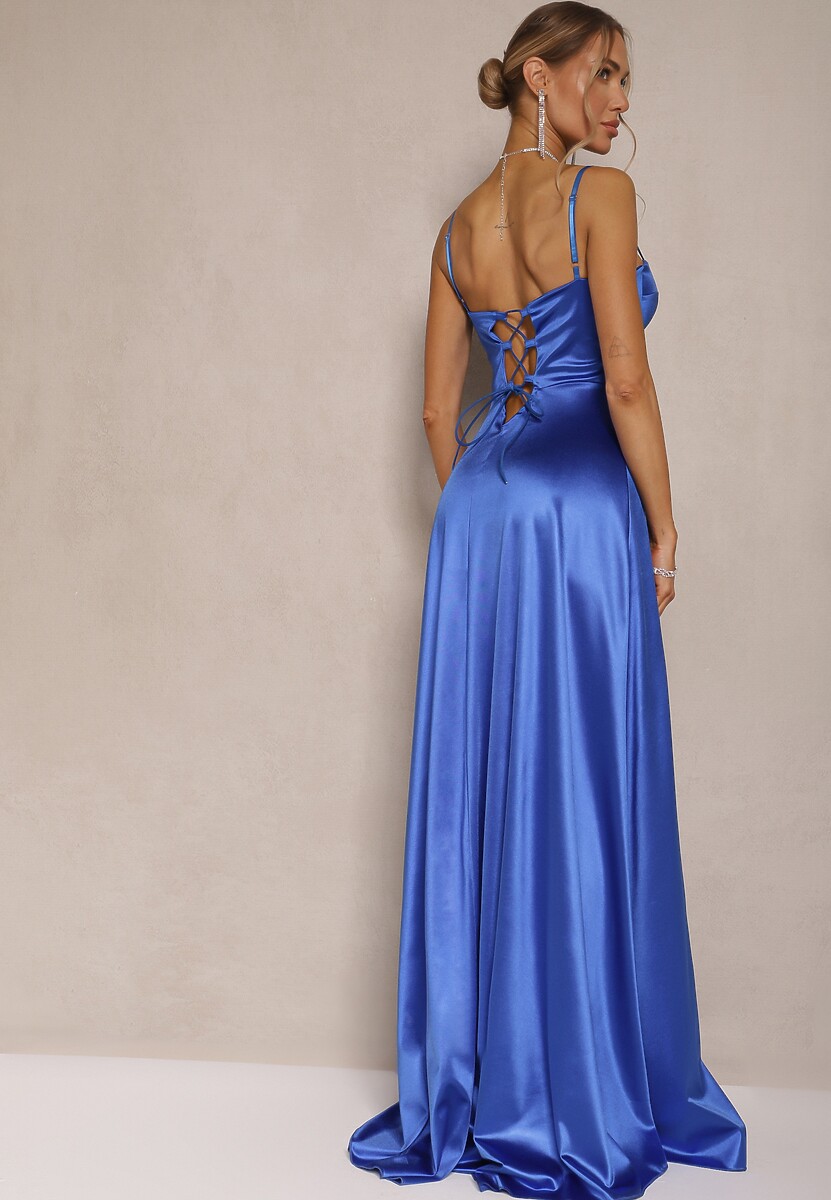 Niebieska Sukienka na Ramiączkach o Rozkloszowanym Kroju z Wiązaniem na Plecach Katirione